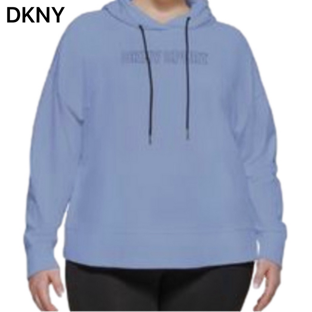 DKNY Sport Metallic Silver Logo Cropped Hoodie Plus Country Blue NWT 2XL